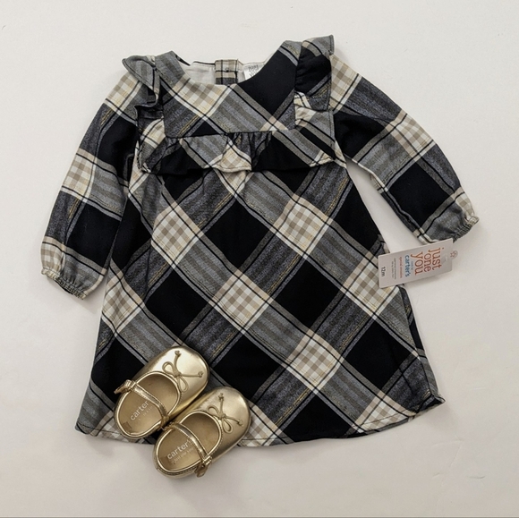 Carters Infant Girls Festive Plaid Ruffle *Dress - Black & Off White - Picture 1 of 7